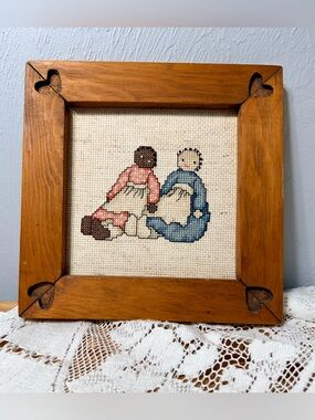 Vintage Cross Stitch Framed Art – 1992 Needlework Wall Decor – Handmade Folk Art